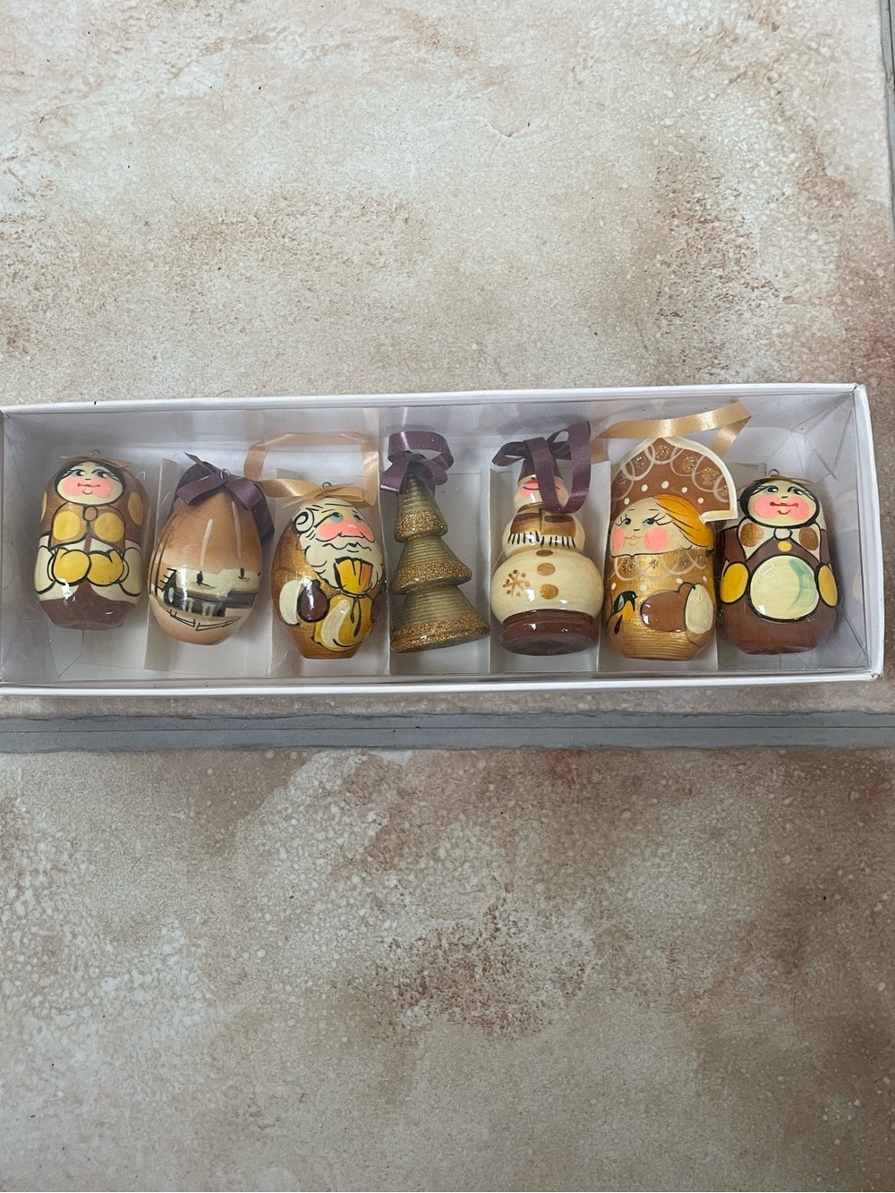 Russian Dolls Hanging Decoration Holiday Ornament - Brown & Gold 6cm (Set of 7)